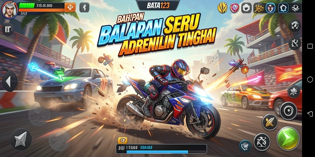 Screenshot utama BATA123 menampilkan aksi balapan intens dan kendaraan yang cepat.
