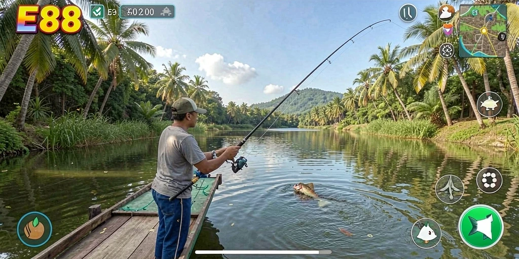 Screenshot E88 menunjukkan aksi memancing yang mendebarkan dan indah.