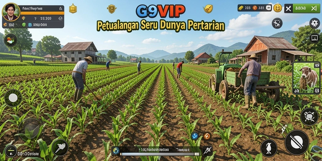 Tampilan gameplay seru di G9VIP dengan pertanian yang subur.