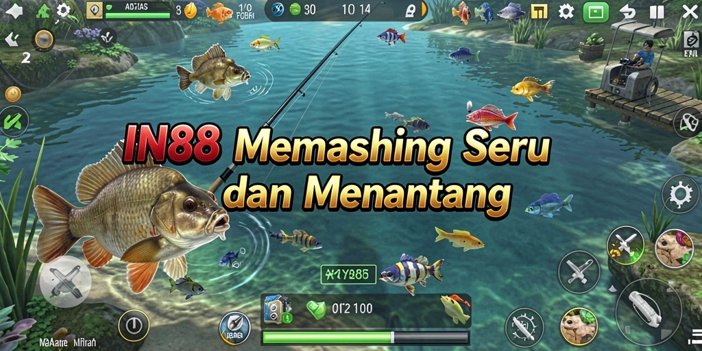 Tampilan gameplay IN88 dengan aksi menangkap ikan di alam.