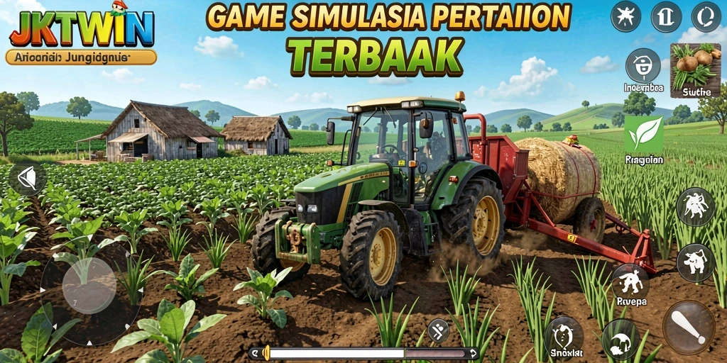 Gameplay JKTWIN yang menampilkan suasana pertanian yang menyenangkan.
