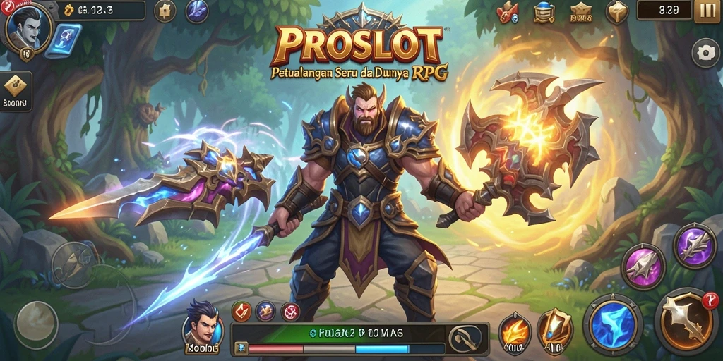 Screenshot utama PROSLOT menampilkan karakter utama dalam pertarungan epik.