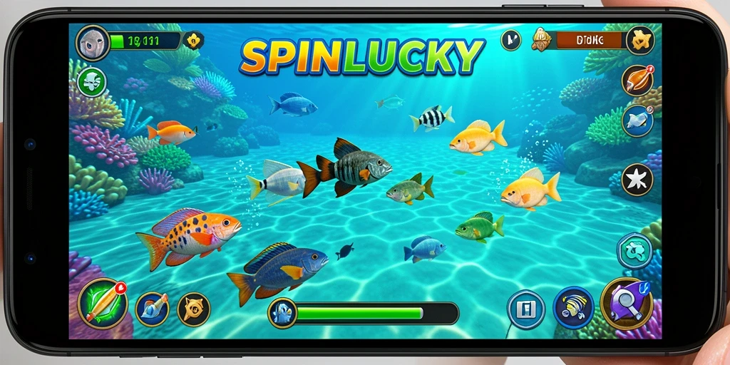 Menampilkan gameplay SPINLUCKY yang menarik saat menembak ikan.