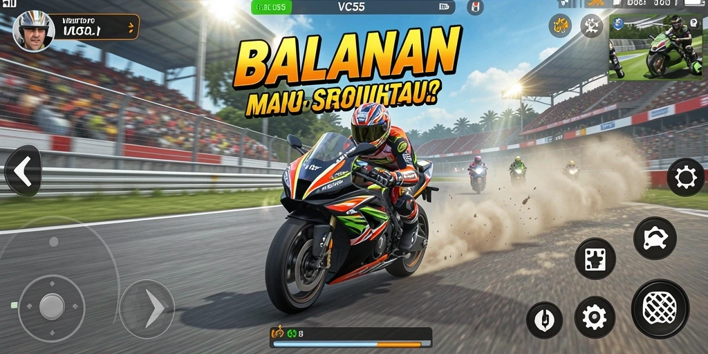 Tampilan gameplay VC55 yang intens dan mendebarkan dalam balapan motor.